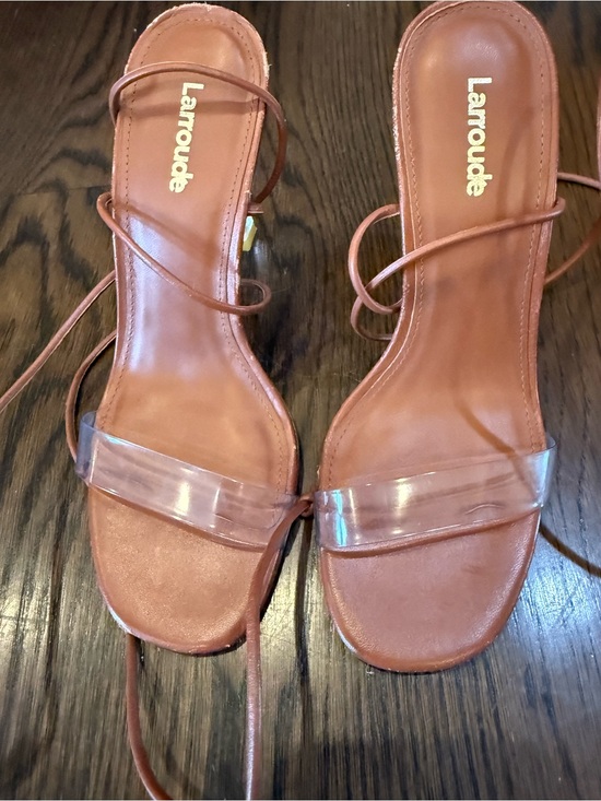 Larroude Shoes - Larroude Women’s Tan Leather Wrap-Strap Sandals with Clear Band